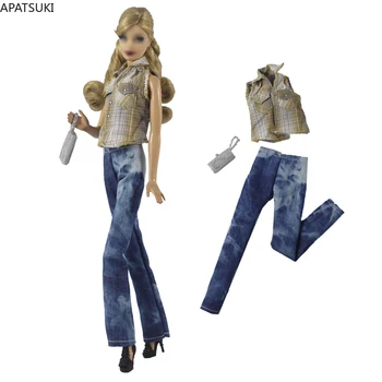 Moda Costume De Haine Set Pentru Papusa Barbie Carouri Cămașă Bluză Denim Blugi Pantaloni Geanta Sac 1/6 Păpuși Accesorii Copii Jucarii