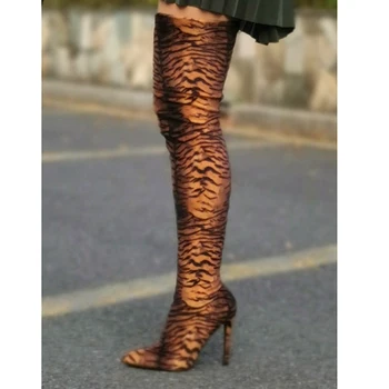 TIMETANG 2020 New Sosire Sexy Piele de Tigru a Subliniat Deget de la picior Toc Cizmele Peste Genunchi pentru Femei Cizme Lungi Transport Gratuit