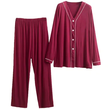 Modal Pijama Cu Maneci Lungi Pantaloni Femei Din Două Piese Elastice De Dimensiuni Mari În Vrac Subțire Doamnelor Casual Uzura Acasă V Rundă De Uz Casnic Costum