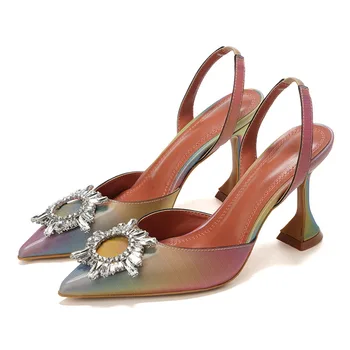 MHYONS NOI Sandale Femei CRISTAL de floarea Soarelui Tocuri Subtiri de Mare Sandale Vintage din urmă a Subliniat Elegant Spate Curea Doamnelor Pantofi Marimea 42