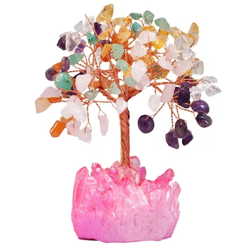 TUMBEELLUWA Cristal Colorat Copac Bani, Roz Aura de Titan Acoperite de Cuarț Cluster de Bază Bonsai Decor pentru Bogăție și Noroc