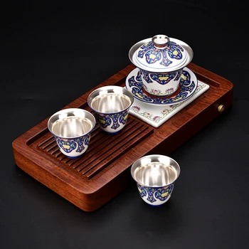 999 argint Chineză cadou set de Ceai de Argint Gaiwan/oală cani de lemn de Trandafir de ceai tava de argint Pur placare birou de turism teaset