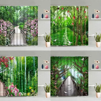 Primavara Peisaje Naturale Duș Perdea Verde De Pădure, Plante De Bambus Și Flori De Cerb Păuni Cadă Decor Ecrane Lavabil Cu Cârlige