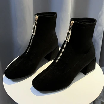 Dimensiune 41 Cizme Negre Toamna Iarna Moda Toc Gros Cizme Glezna Femeie Nou Front Zip Pantofi Casual pentru Femei Tocuri de piele de Căprioară Papuceii