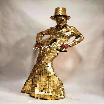P93 Femei scena de dans costum oglindă de aur rochie de seara petrecere efectua poartă costum de sex feminin costum de robot îmbrăca oglindă pălării fusta dj