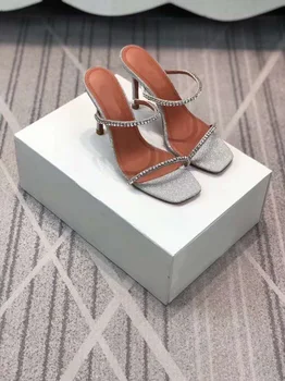 Femeie Noua versiune Gilda Cristal Catâri Cristal Ornamente Deschide Curea Toe Slip-on Mid-Sandale cu toc Pantofi