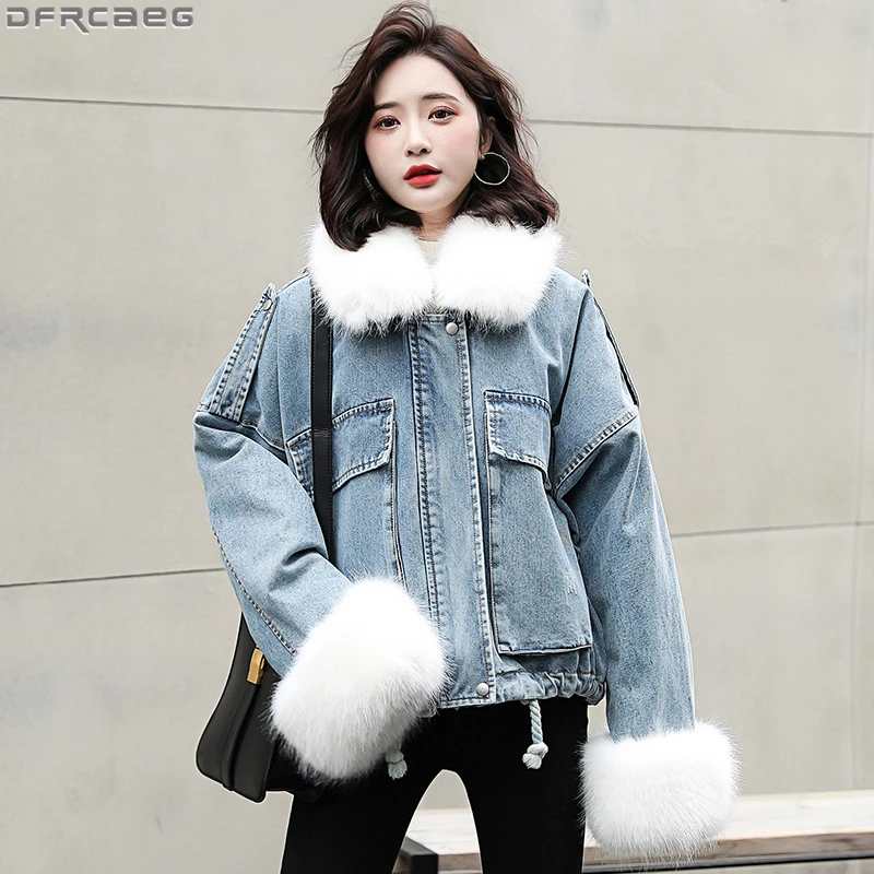 Moda Harajuku Haina De Iarna Pentru Femei Big Blana Caldă De Catifea Groasa Jacheta Denim Buzunare Largi Jachete Bombardier 5 Culori De Blugi Palton